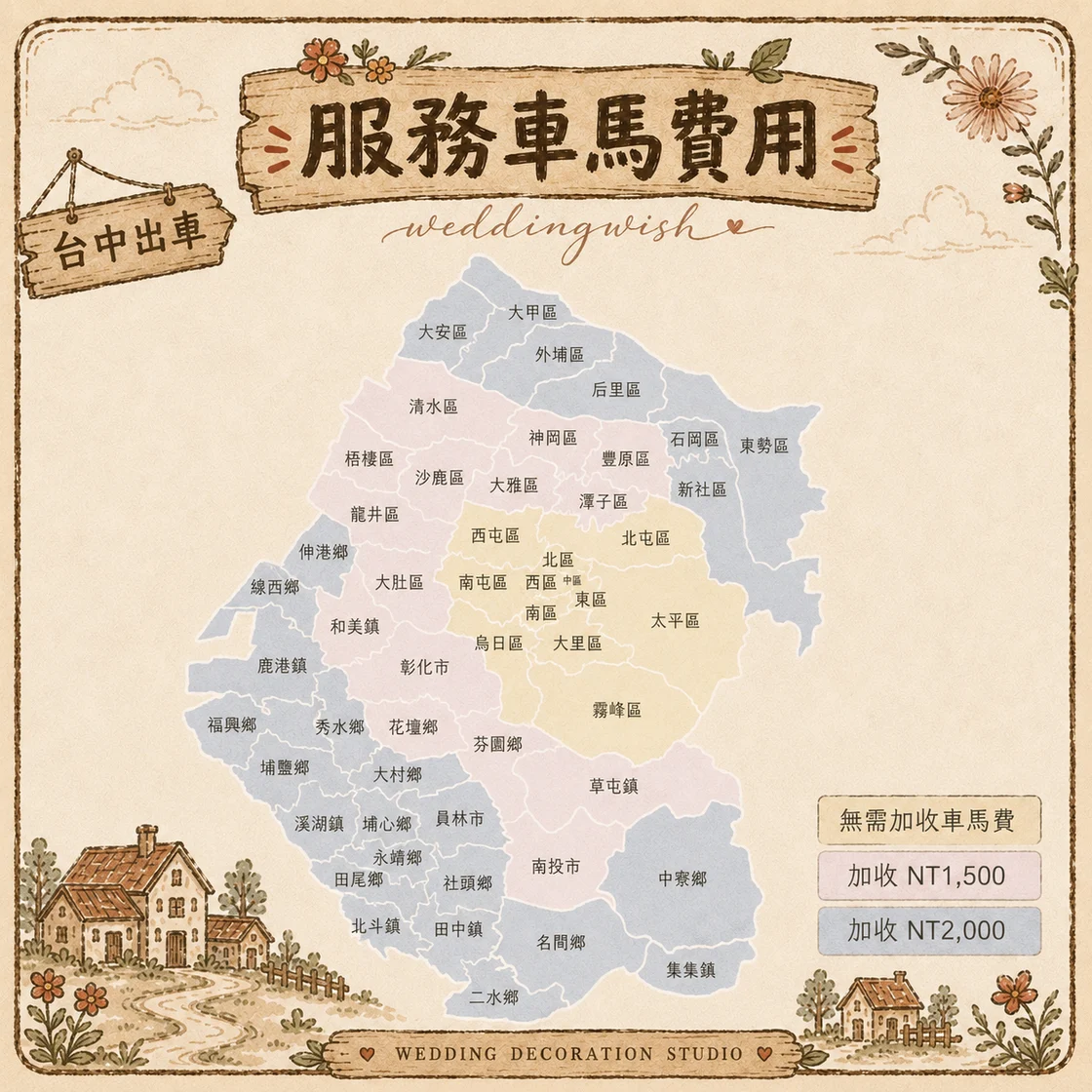 台中出車車馬費對照地圖:台中市多數行政區無需加收車馬費,其餘區域與鄰近縣市依距離加收 NT$1,500 至 NT$2,000。